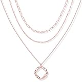 Poxtex Rose Gold Layered Necklaces for Women, Rose Gold Plated Dainty Stackable Choker Necklaces for Women, Trendy Layering Geometric Pendant Paperclip Chain Thin Necklace Jewelry Set Gifts