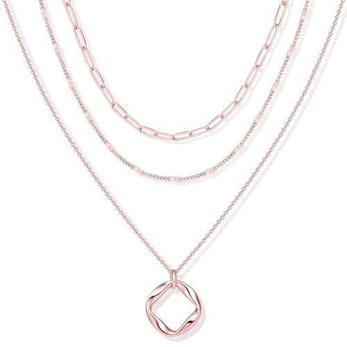 Poxtex Rose Gold Layered Necklaces for Women, Rose Gold Plated Dainty Stackable Choker Necklaces for Women, Trendy Layering Geometric Pendant Paperclip Chain Thin Necklace Jewelry Set Gifts