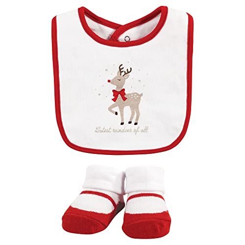 Image of Hudson Baby Unisex Baby Cotton Bib and Sock Set, Fancy Rudolph, One Size