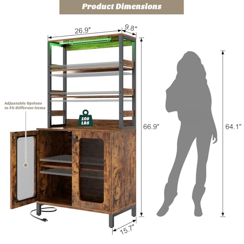Aheaplus Bar Cabinet with Power Outlets, 67" Tall Wine Bar Liquor Cabinet with LED Lights & Glass Holder, Coffee Bars Station for Living Room, Microwave Stand Bakers Rack Cabinets, Rustic Brown - Image 3
