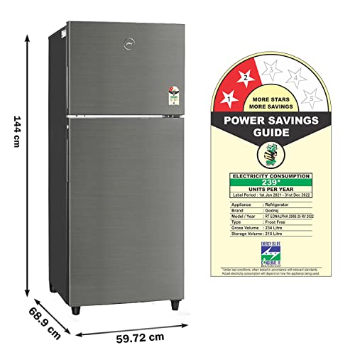 Image of Godrej 234 L 2 Star Inverter, 24 Days Farm Freshness Frost Free Double Door Refrigerator Appliance(RT EONALPHA 250B 25 RI JT ST, Jet Steel)
