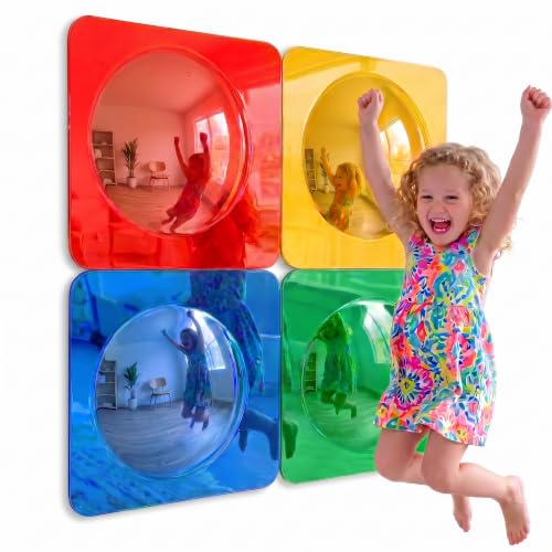 Whimtoyland 4PCS Acrylic Bubble Mirror Toys for Kids Sensory Room Must Haves Calming Corner Decor Sensory Wall Mirrors for Classroom Playroom & Montessori Space (10x10 Inch Red Yellow Green Blue)