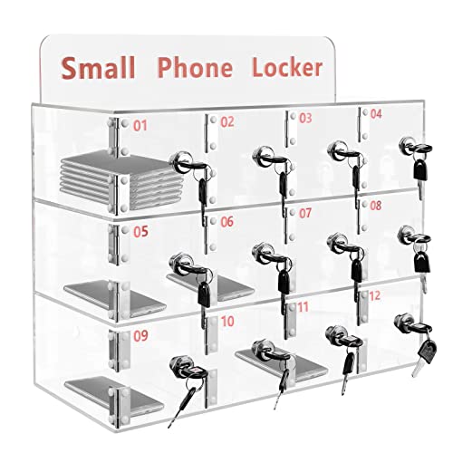 ZeStarDair 12 Slots Cell Phone Locker Box Clear Acrylic Cell Phone Storage Locker with Door Locks and Keys Wall-Mounted Cell Phones Pocket Locker for Office School Classroom