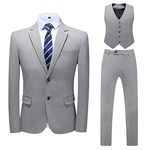 Mens 3 Piece Suit Solid Casual Slim Fit Business Prom Blazer Jacker Tux Vest Pants US Size 36 (Label Size 2XL) Light Grey