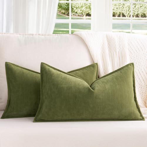 ZWJD Olive Green Pillow Covers 12x20 Set of 2 Chenille Throw Pillow Covers with Elegant Design Soft and Luxurious Decorative Throw Pillows for Couch, Bed, and Home Decor