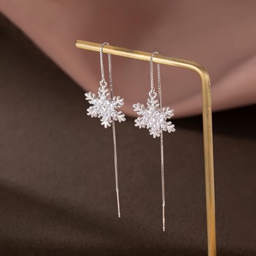 SLUYNZ Sterling Silver Christmas Snowflake Dangle Earrings Chain for Women Teens Snowflake Drop Earrings Threader Winter Earrings4