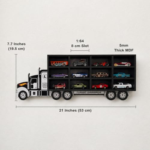 Image of Truck Shape Die Cast Car Display Shelf for 1:64 Scale Toy Cars | Wall Mounted MDF Storage Organizer | Personalized Name Option | 12 Slots, 20 Slots & Extension Add-On (Turbo Garage 12)