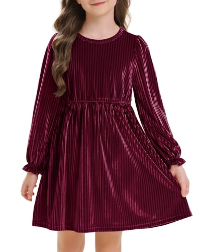 Stelle Girls Long Sleeve Velvet Dress Ruffled Crew Neck Midi A-Line Dresses Vintage Formal Party Winter Outfits