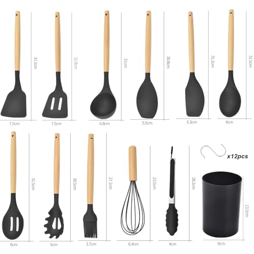 Kitchen Utensil Set, 12 Pcs Silicone Cooking Utensils Set, Silicone Kitchen Utensils Set Cooking Utensils Set with Holder Natural Wooden Handles Cooking Tool(Black) - Image 3