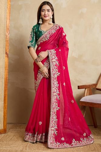 Image of SGF11 Women's Fendy Chiffon Silk Embroidery Work Saree With Blouse Piece