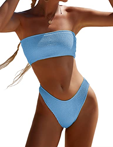YIMISAN Traje de baño Bandeau de Dos Piezas para Mujer, Acanalado, sin Tirantes, Parte Superior de Bikini con Cintura Media, Parte Inferior descarada, Azul, Medium