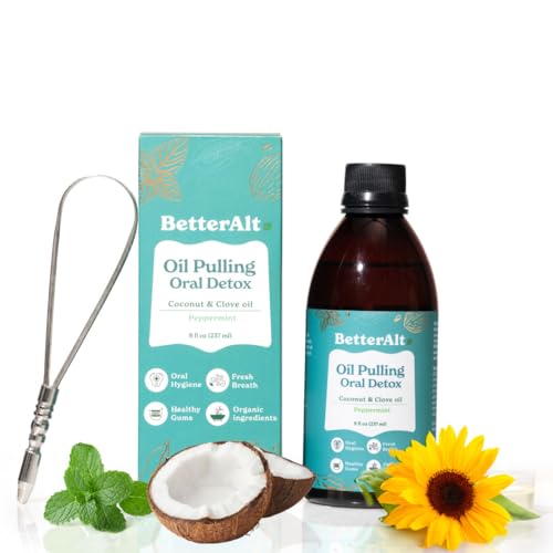 Better Alt Oil Pulling with Tongue Scraper| Made with Natural Ingredients for Oral Care and Teeth whitening (237 ml) - Oil Pulling for Teeth and Gums with Goodness of Coconut & Clove Oil - Peppermint