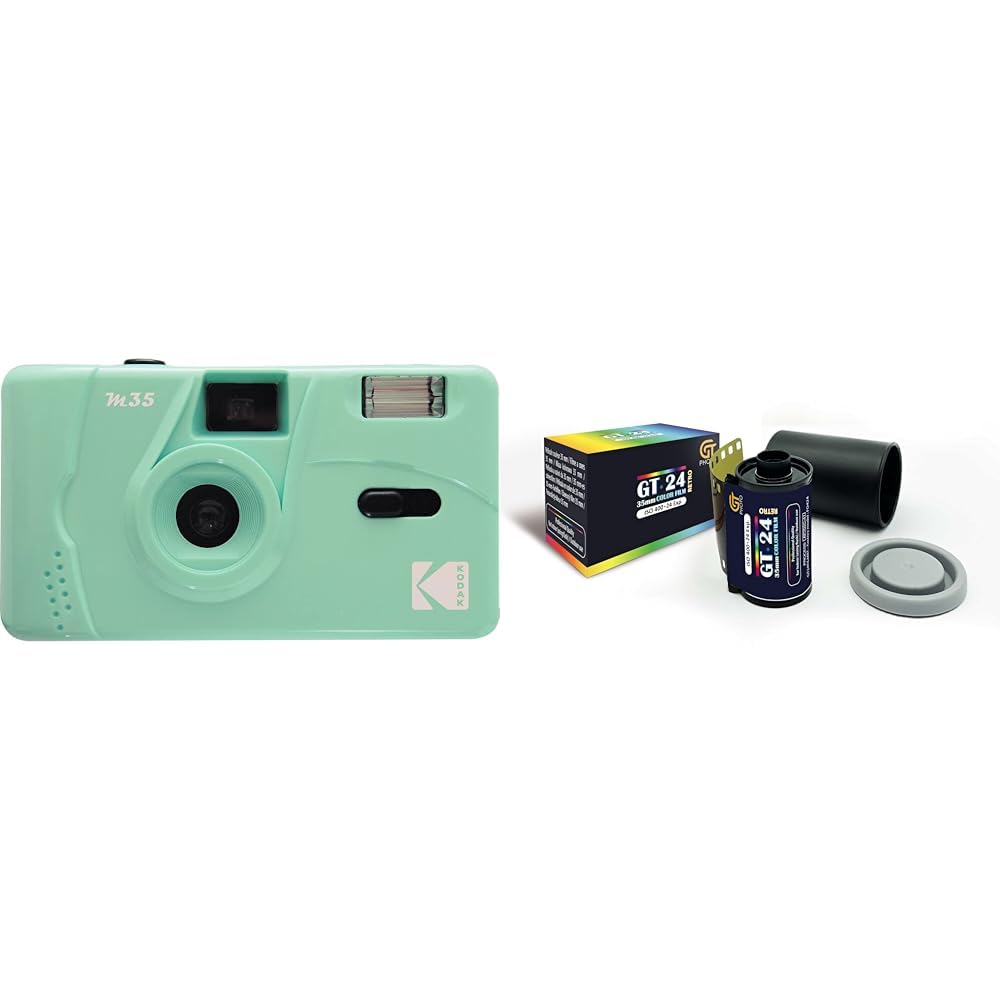 KODAK M35 DA00234 - Wiederaufladbare Kamera 35mm, Festes Weitwinkelobjektiv, Optischer Sucher, Eingebauter Blitz, AAA Batterie – Mintgrün + GT Photo Retro Farbfilm 35mm - 24 Aufnahmen