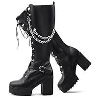 Voviggiw Women Fashion Platform Knee High Boots Block Heels Long Boots Lace Up Winter Shoes High Heel Gothic Long Boots with Chain Black Size 40