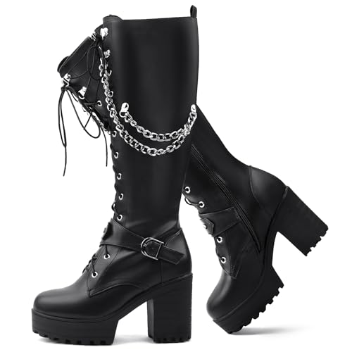 Voviggiw - Voviggiw Women Fashion Platform Knee High Boots Block Heels Long Boots Lace Up Winter Shoes High Heel Gothic Long Boots with Chain Black Size 38