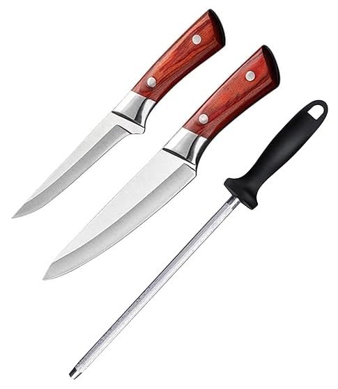 6.7 Inch Japanese Chef Knife Chef Knife Boning Knife Kitchen Damascus Steel Knife Set with Knife Sharpener Stick ABS Handle (Set of 3)