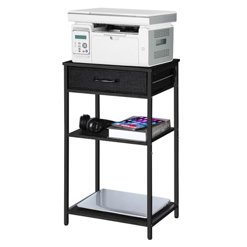 smusei Mesa para impresora con cajón, soporte para impresora de 3 niveles, de madera y metal, color negro, soporte para impresora, pequeña mesa auxiliar para impresora, fax, fotocopiadora, escáner,