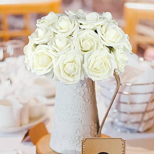 Febou Artificial Flowers 50pcs Real Touch Artificial Foam Roses with Stem for Decoration DIY Wedding Bouquets Centerpieces Arrangements Bridal Shower Party Home Decoration (Ivory)