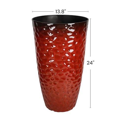 Worth Garden 14" Dia x 24" H Large Plastic Planters with Drainage Hole, Set of 2 Hammered Texture Red Glossy Smooth Finish, Tall Taper Round Decorative Flower Plant Pot for Indoor Outdoor, Front Porch - Image 4