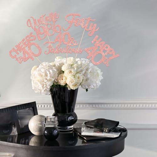 Image of 15 PCS 40th Birthday Centerpiece Sticks Double Sided Forty Happy 40 Vintage 1986 Table Flower Centerpieces Sticks Cheers to 40 Fabulous Floral Decorations for 40th Birthday Party Supplies Rose Gold