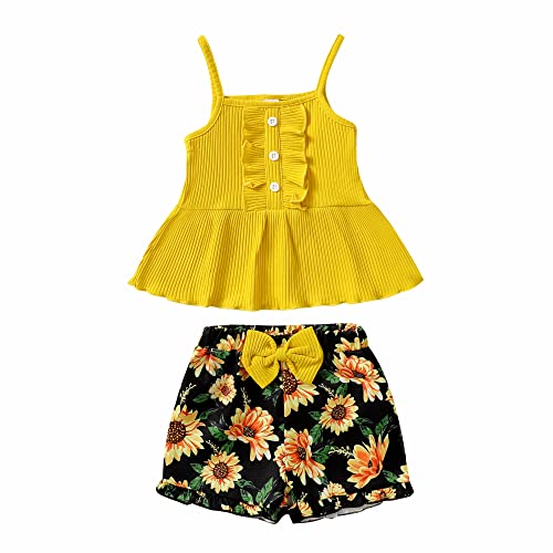 Image of Kucnuzki Toddler Baby Girl Clothes Summer Outfits Ruffle Sleeveless Linen Shirt Kid Short Set for Girl