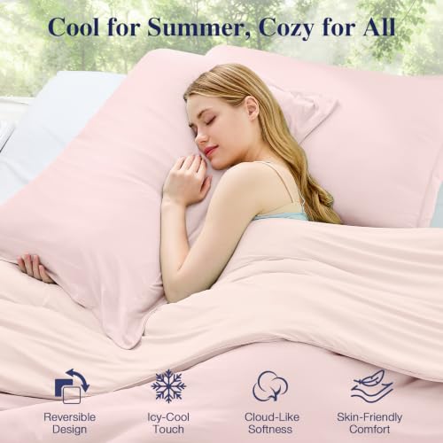 Image of MUXHOMO Cooling Comforter Set Queen Size, Lightweight Summer Comforter for Hot Sleeper, Reversible Bedding with ICY Cooling Surface, Includes 1 Comforter (90 inchx90 inch) and 2 Shams (20 inchx 26 inch), Light Pink