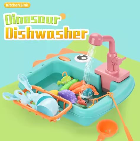 Tocexy Dinosaurs Kitchen Sink Playset with Electric Water Pump, Rotating Faucet & Fishing Game – Kids Pretend Play Washing & Cooking Toy Set (Multicolor) - Image 7 thumbnail