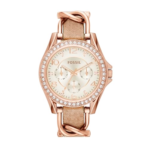 Fossil Riley Watch für Damen, Quarz-Chronographenwerk mit Edelstahl- oder Lederarmband