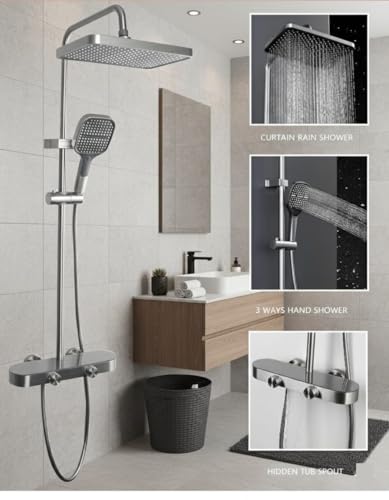 Image of X-XONIER Luxury Shower System, 3-in-1, Dazzling Large Overhead RainFall and 3 Way Multifunction Hand Held shower, Hot and Cold Mixer set, Mixer Hidden Tub Spout, Panel Gray (gray)