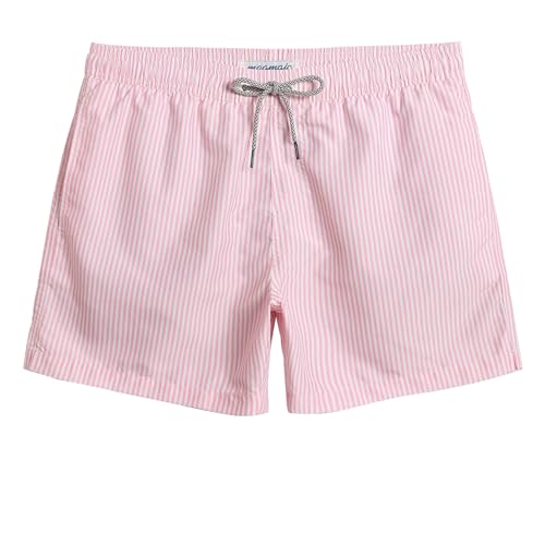 maamgic Mens Swim Trunks 5 Inch with Mesh Lining, Quick Dry Mens Bathing Suit, Swim Shorts for Swimming and Beach, Medium Pink Striped