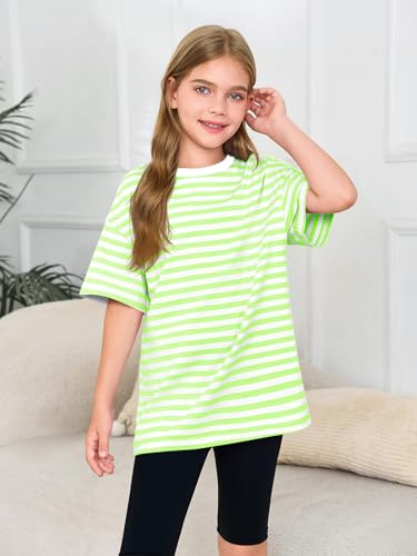 Image of Haloumoning Girls Striped Short Sleeve T Shirts Kids Summer Oversized Tops Casual Crewneck Tees 5-14 Years