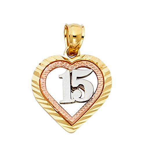 Tgdj 14K Tri Color Gold Sweet 15 Years Quinceanera Heart Charm Pendant With 1.5Mm Valentino Chain | 14K Gold Necklace Chain With Pendant | Spring-Ring Clasp Pattern Unisex Real Gold Chain (16) #TOP1