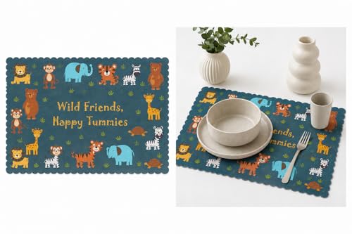 Image of Kids ClothTable Mats Set of 2 - Wild Animal Jungle Safari Theme,Digital Print, Washable, Indoor /Outdoor, Heat-Proof, Water Resistant, Wipe & Clean (47X33 cm) Forest Green