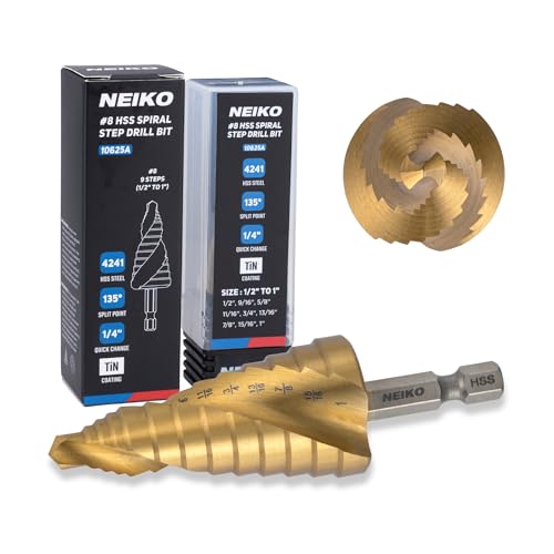 Image of NEIKO 10625A Step Drill Bit, 9 Steps 1 /2 inch to 1 inch Spiral High Speed Steel, Titanium Nitride Coated, 1 /4 inch Quick Change Step Bits for Steel, Metal, Wood, Plastic, Unibit Cone Drill Bits, Two Flute