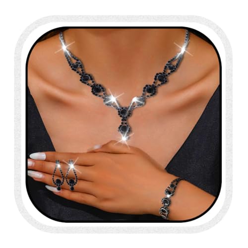 Unicra Black Bridal Wedding Jewelry Set Rhinestone Necklace Earrings Bracelet Sets Formal Prom Costume Jewelry Sets for Women and Brides (Black Plated - Black)