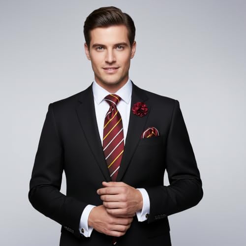 Image of 5PCS Mens Premium Silk Tie, Pocket Square, Cufflinks, Drilled Tie Ring and Lapel Pin Set for Wedding Groom Party