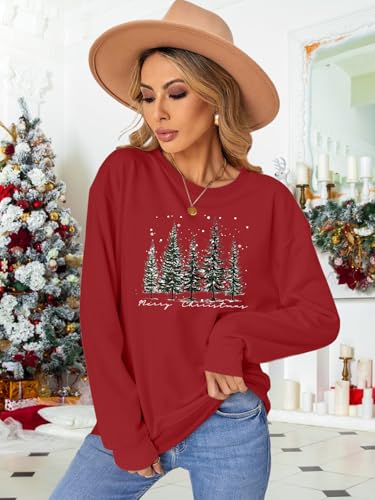 Image of PECHAR Christmas Tree Sweatshirts Women Pine Tree Print Shirts Nature Lover Gift Casual Tee Long Sleeve Xmas Pullover