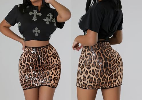 WmcyWell Women Leopard Cheetah Print Sequin Mini Skirt High Waist Bodycon Skirts2