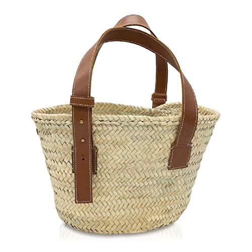 Bolso cesta de paja con asas de cuero estilo francés miniatura 3