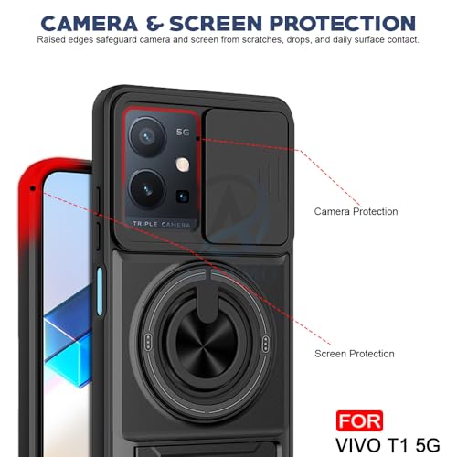 Image of AESTMO Vivo T1 5G / Y75 5G / iQOO Z6 5G Back Cover | Armor Camera Slider 360 Degree Rotating Finger Ring Holder Case with Bracket Stand Back Case Cover (Compatible with MagSafe Accessories) (Black)