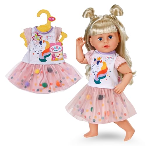 BABY born Tutu Kleid mit Einhorn Print - Set aus Kurzarm-Shirt & Tüllrock mit bunten Punkten - Hochwertiges Puppenzubehör - Kleidung geeignet für Puppen der Größe 43 cm