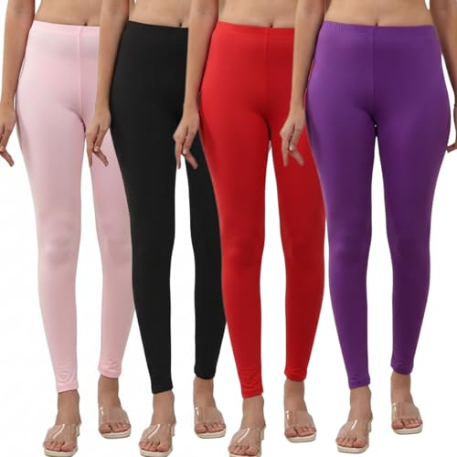 Image of Volex Women and Girls Full Length Leggings | Cotton Spandex /Elastane 4 Way Stretchable | Casual Slim fit Ultra Soft Leggings-Pack of 4