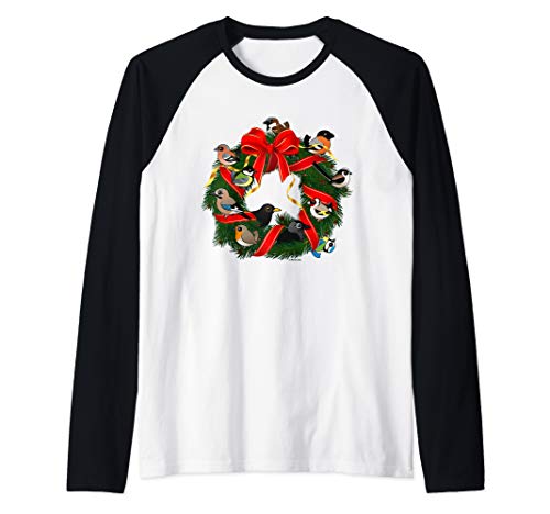 Garden Birds Flock Together on Holiday Wreath Christmas Gift Raglan Baseball Tee