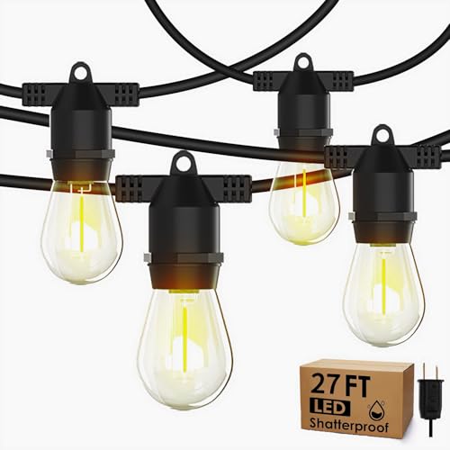 27FT S14 LED Outdoor String Lights, Shatterproof Weatherproof Edison Bulbs, Connectable Commercial Grade Patio Lights, 2700K Warm Glow Decorative for Garden, Wedding, Patio (10 Sockets, 1 Spare)