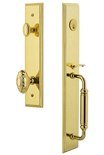 Flash Deals - 40% OFF Grandeur 842361 Hardware Carre' One-Piece Handleset with C Grip and Grande Victorian Knob in Lifetime Brass, Backset Size-2.75", Single Cylinder Lock