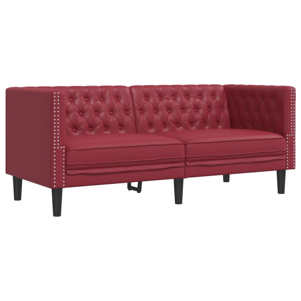 Comoda poltrona Chesterfield in similpelle vinaccia, con classica cucitura a bottoni e forma imbottita per una comoda seduta a 2 posti