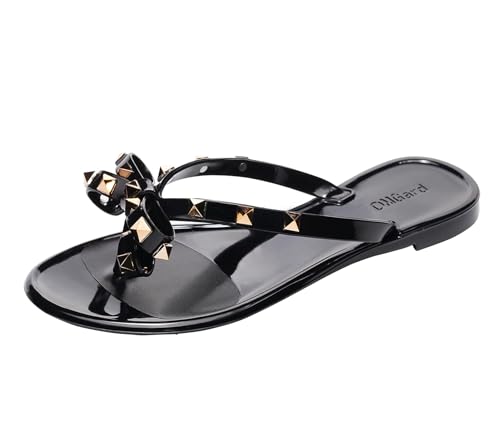 Image of Studded Jelly Shoes for Womens Bow Flip Flops Jellies Sandals Flat Black Summer Beach Thong with Rivets Strappy Slides Slip On