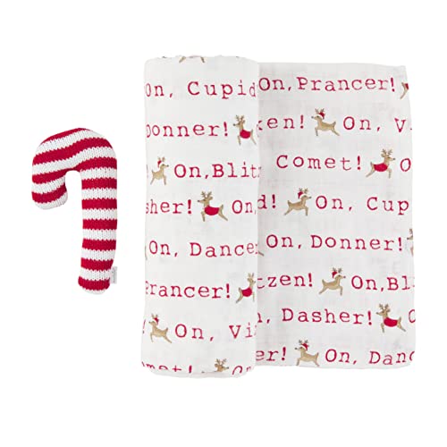 Image of Mud Pie Christmas Swaddle and Rattle Set, White, 47 inch x 47 inch
