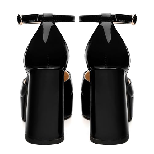 WAYDERNS Black Platform Heels for Women Block High Heel Patent Leather Closed Square Toe Ankle Strap 4.3 Inch Pumps Fashion Wedding Evening Party Dress Shoes Size 7.54