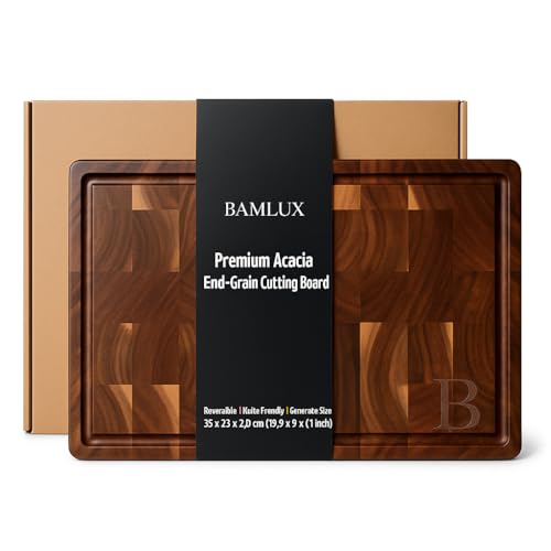 BAMLUX Tagliere Premium in legno di acacia – grande, 35 x 25 x 2,8 cm End Grain/legno di fronte – Tagliere Gourmet con scanalatura e antiscivolo – per hobby e professionisti